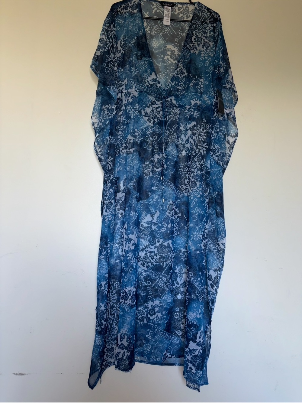 NWT Lauren Ralph Lauren Blue Paisley Chiffon Caftan Swim Cover Up Maxi Dress MED